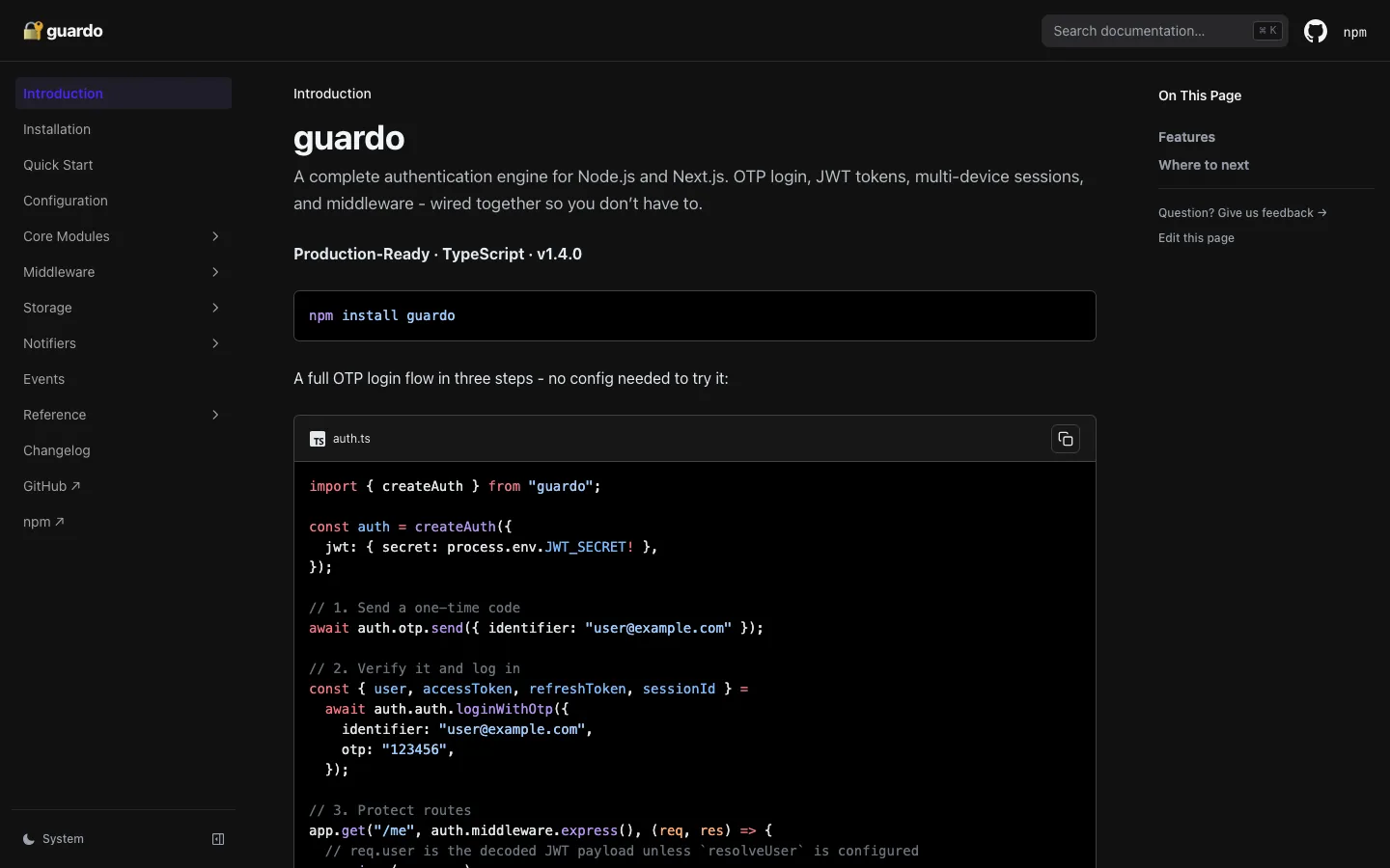 Guardo documentation home page showing the install command and a three-step OTP login example